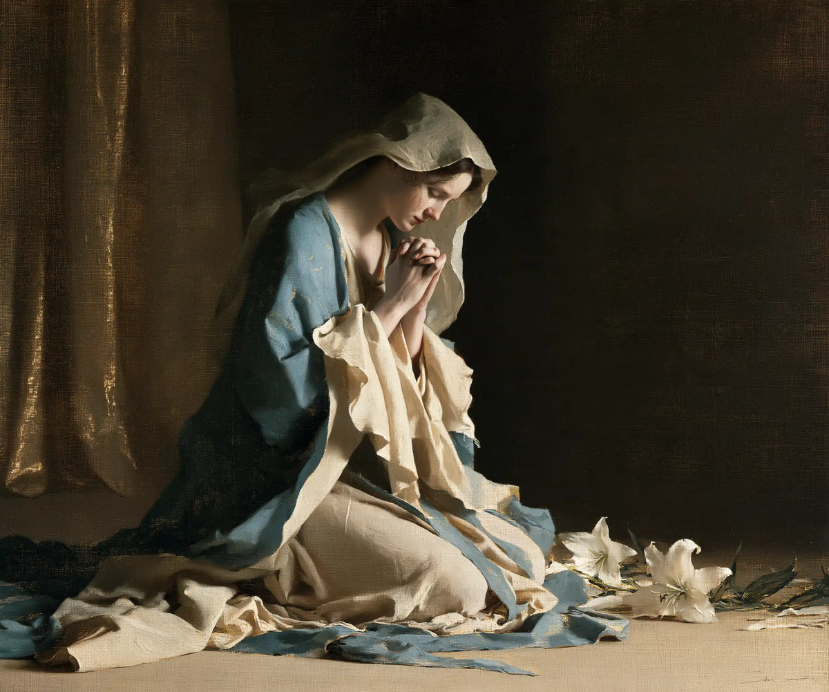 Virgin Mary in Prayer — A Confidence beside the Resting Lilies