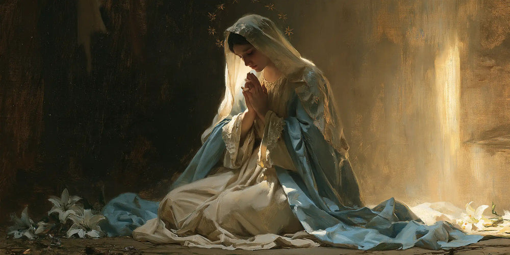 the Virgin Mary in prayer in Symbolist style, landscape Christian artwork no. 22