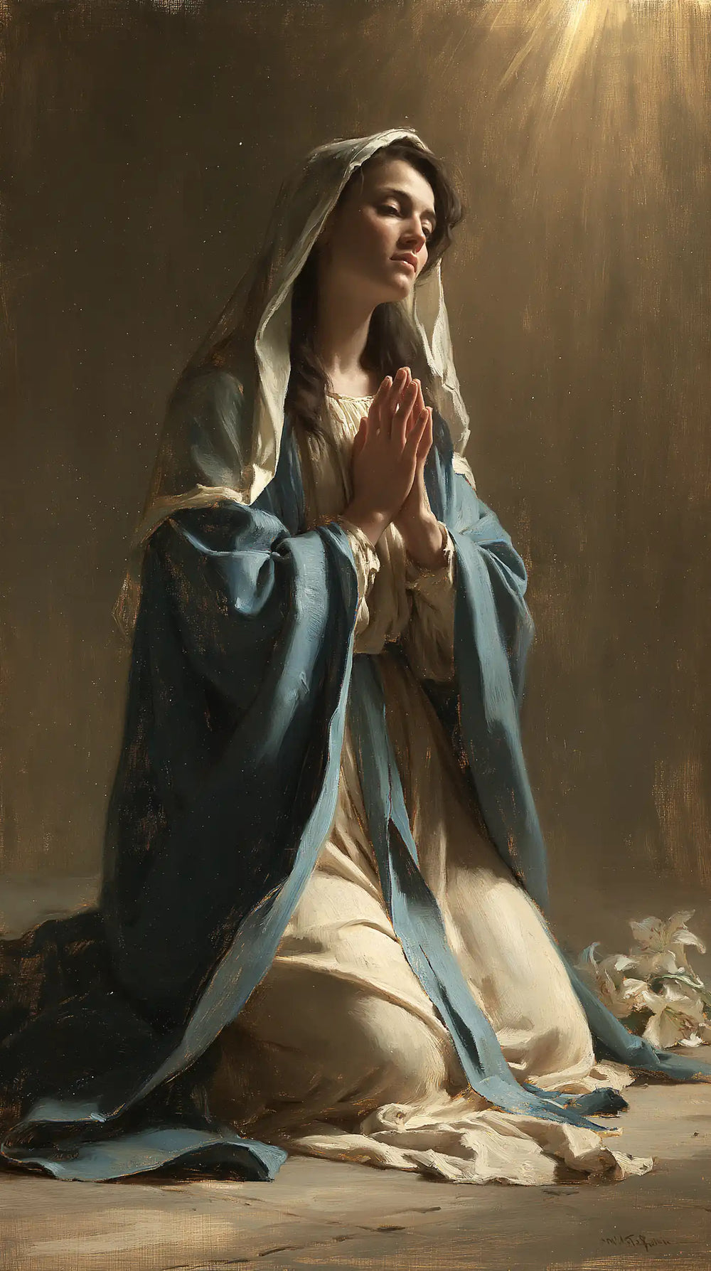 the Virgin Mary in prayer in Symbolist style, portrait Christian artwork no. 2