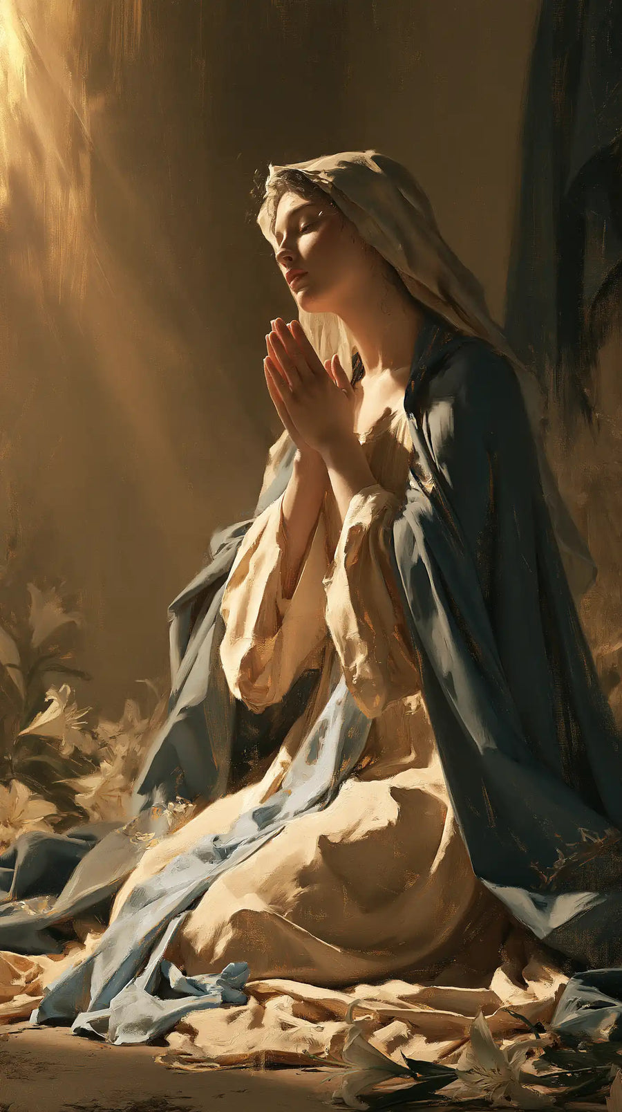 the Virgin Mary in prayer in Symbolist style, portrait Christian artwork no. 6