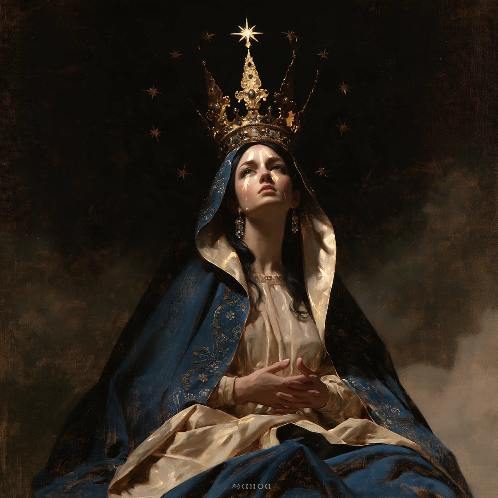 Mary crowned as Queen of Heaven in black and gold in Black and Gold style, square Christian artwork no. 6