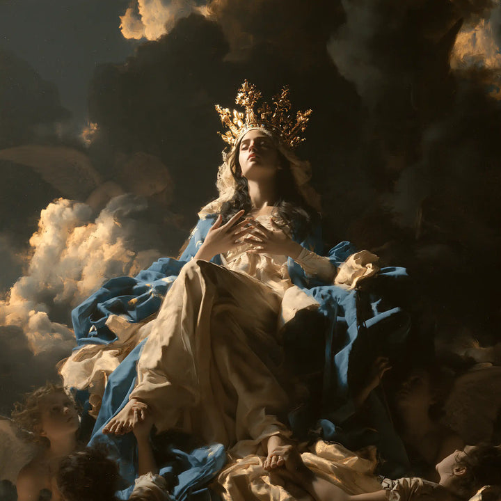 Mary, Queen of Heaven — Gathered Hands Above the Pale Knee