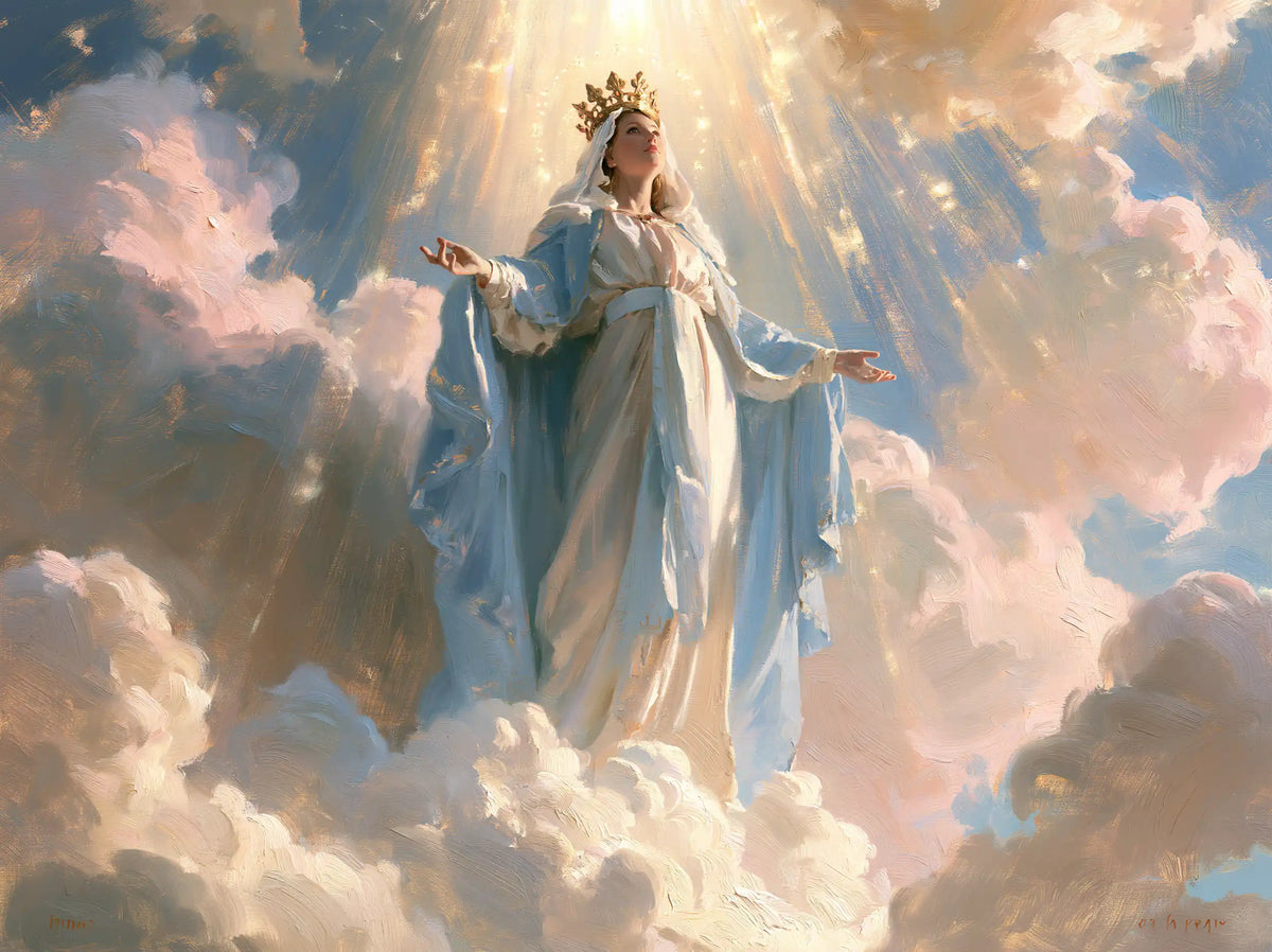 Mary as Queen of Heaven in an impressionist atmosphere in Impressionist style, landscape Christian artwork no. 7