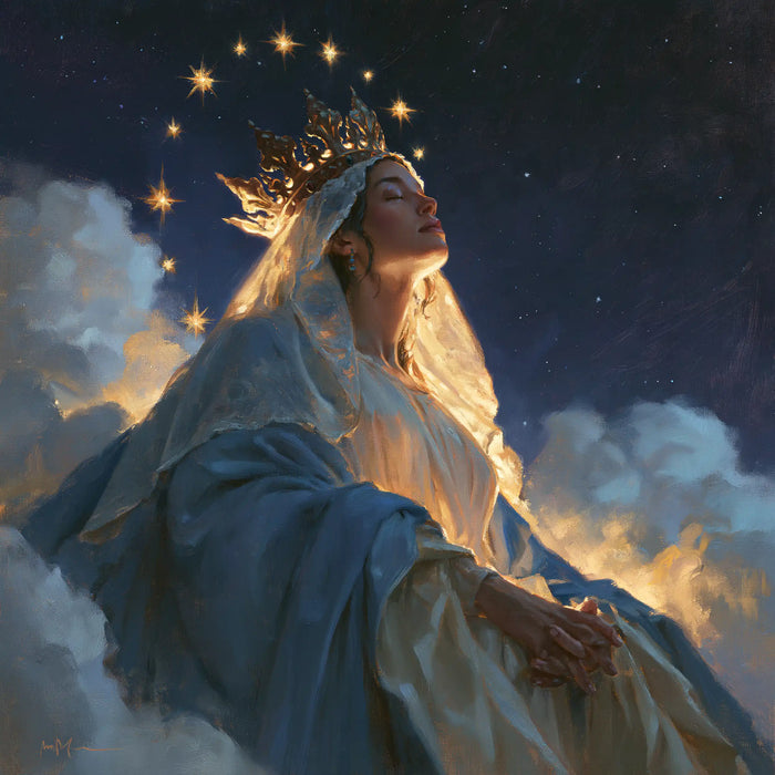 Mary, Queen of Heaven — Resting Fingers Beneath the Amber Veil