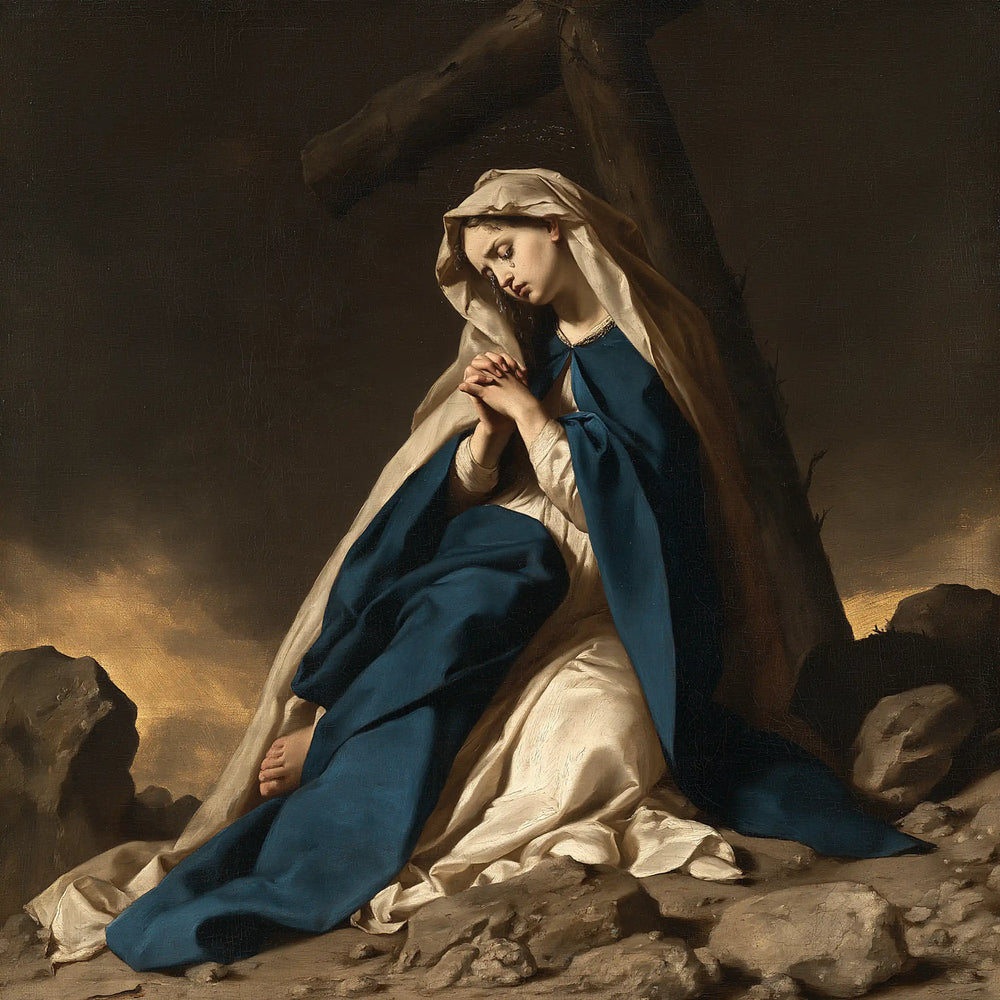 Mary kneeling before the Cross in Mary Kneeling before the Cross style, square Christian artwork no. 4