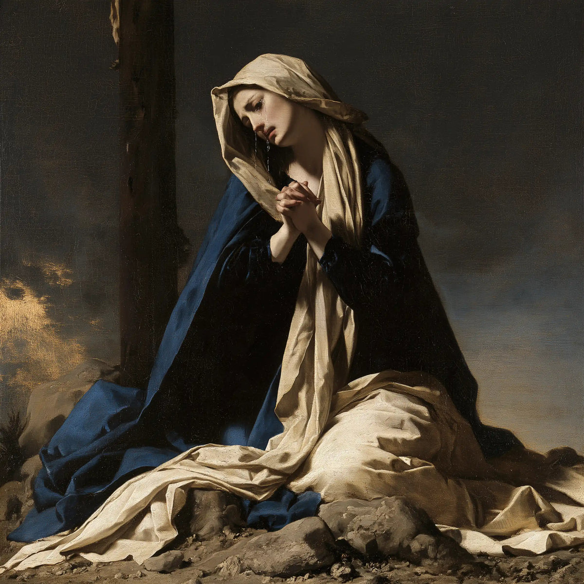 Mary kneeling before the Cross in Mary Kneeling before the Cross style, square Christian artwork no. 7