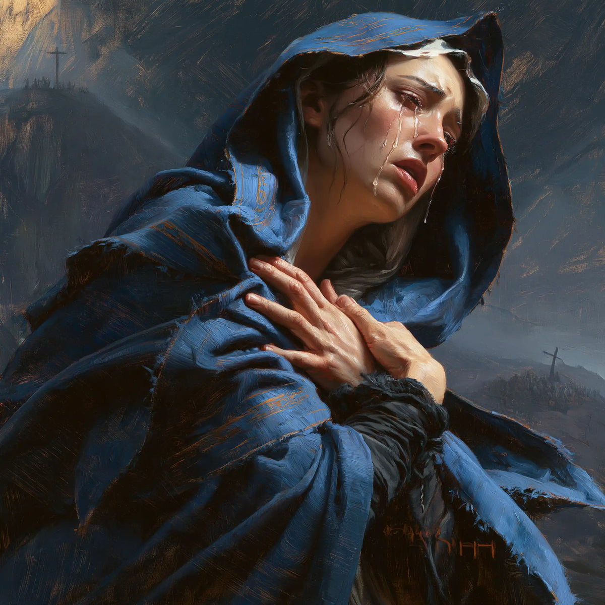 Mary experiencing profound maternal sorrow in Profound Maternal Sorrow style, square Christian artwork no. 6