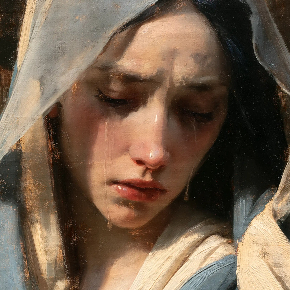 a close portrait of Our Lady of Sorrows in Psychological Close-Up style, square Christian artwork no. 7