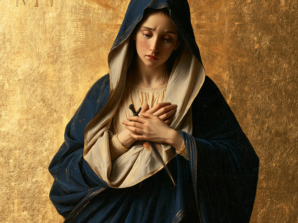 Our Lady of Sorrows in sacred golden light in Sacred Gold style, landscape Christian artwork no. 6