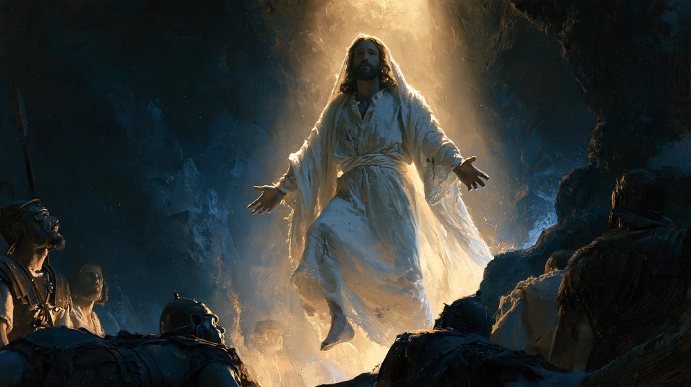 Resurrection of Jesus Christ in Midnight-blue Chiaroscuro style, landscape Christian artwork no. 19