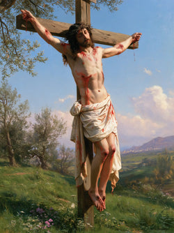 Christ on the Cross in harmonious prayer beneath the cross, portrait original AI-generated Christian artwork