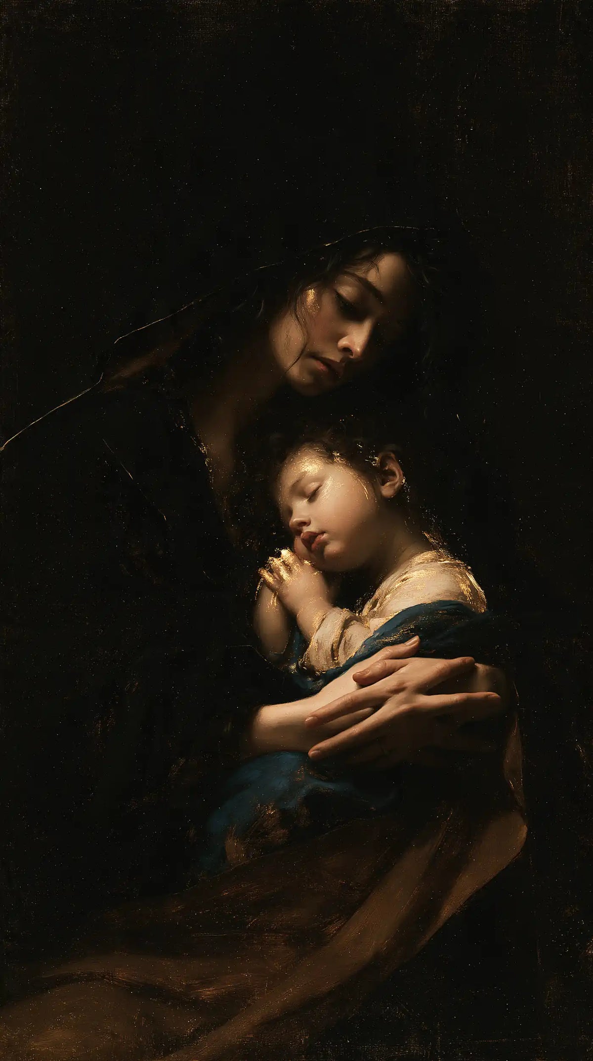 the Virgin Mary holding the Child Jesus in Black and Gold style, portrait Christian artwork no. 10