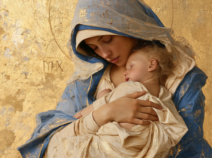 The Virgin and Child — A Dream Beneath the Gold-Marked Hood
