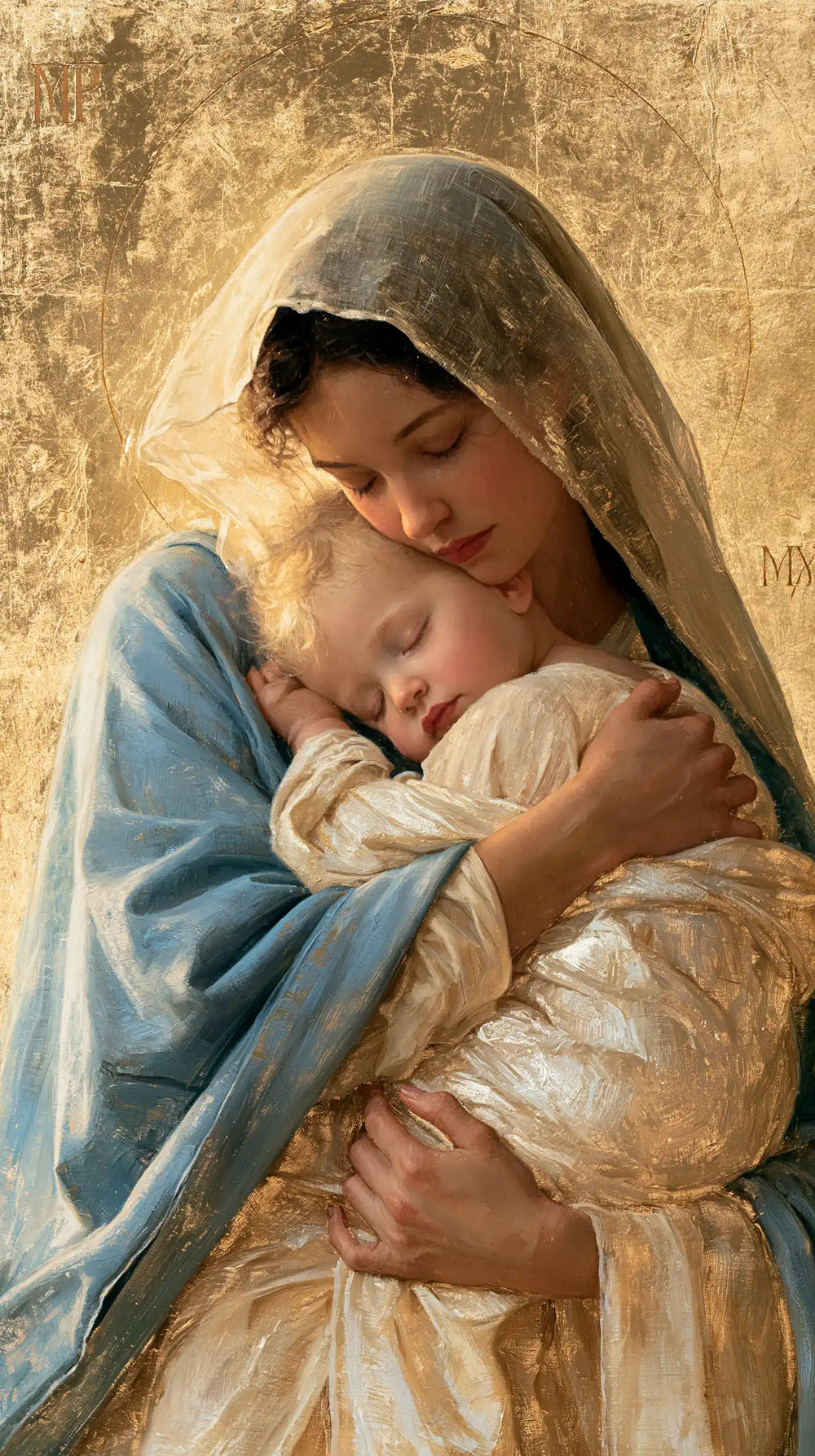 the Virgin Mary with the Child Jesus in Sacred Gold style, portrait Christian artwork no. 3