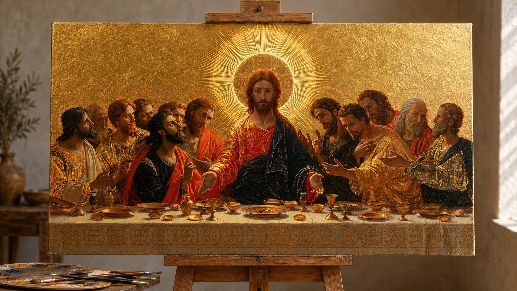 Hetzelfde Laatste Avondmaal kunstwerk handgeschilderd in olieverf op een niet ingelijst canvas in de studio