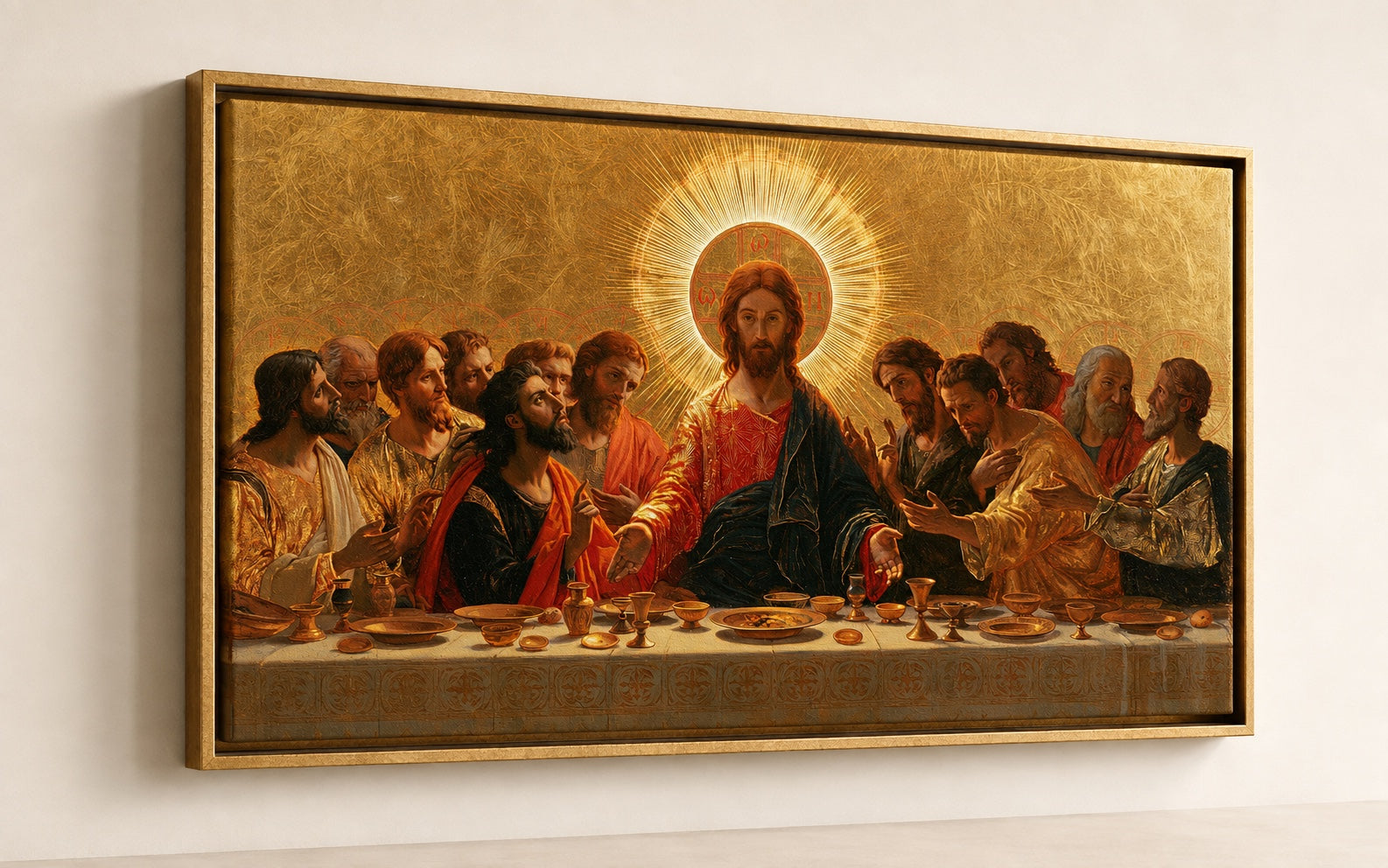 Hetzelfde Laatste Avondmaal kunstwerk gedrukt op canvas in een antiek-gouden zwevend frame