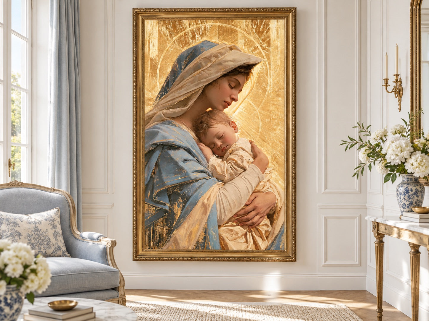 Virgin Mary and Child Jesus — gold framed interior mockup